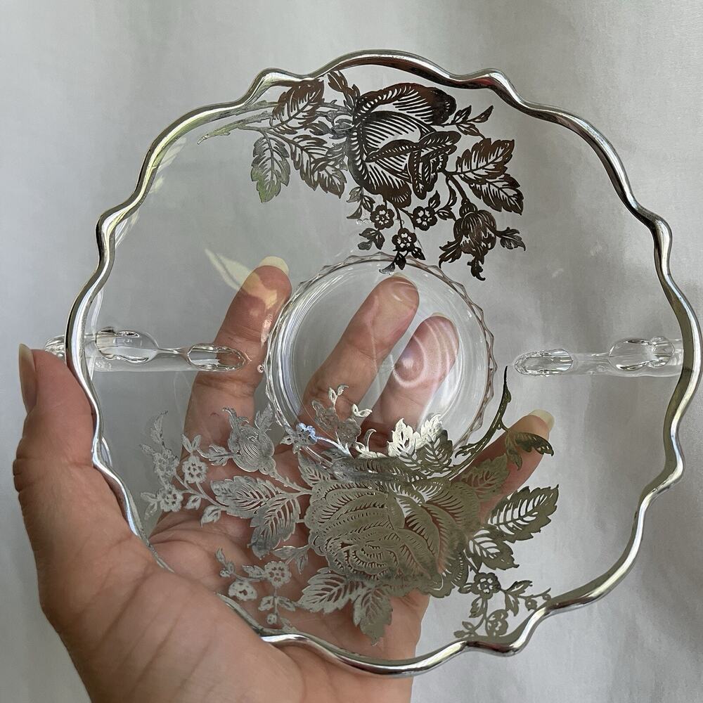 Heisey Vintage Roses Pattern Silver 925 Overlay 2 Handled Candy Dish Bowl Glass